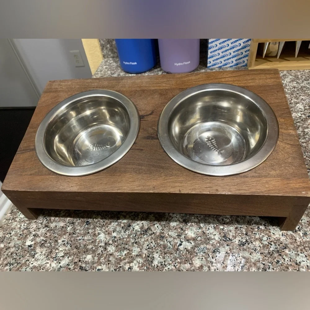 Wooden Pet Feeder with Stainless Steel Bowls Elevated